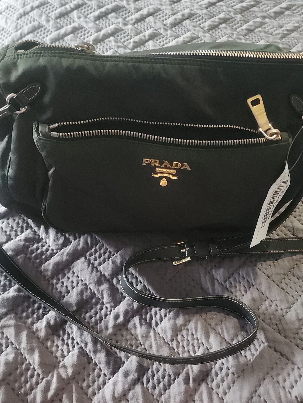 Prada Dark Green Nylon Crossbody Bag with Gold Logo